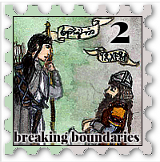 February 2019 Breaking Boundaries SWG challenge stamp - illustration of an elf leaning on a staff or spear talking to a dwarf leaning on an axe