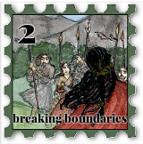 February 2019 Breaking Boundaries SWG challenge stamp - illustration of a dark haired person with their back to the observer facing a group armed with spears