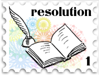 January 2018 New Year's Resolution SWG challenge stamp - black and white drawing of a quill and ink and book superimposed over stylized drawing of fireworks