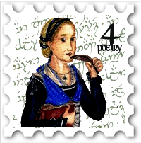 April 2017 Woman's Sceptre SWG challenge stamp - illustration of a woman holding a quill in a pensive pose; the background features elvish script