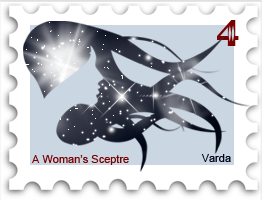April 2017 Woman's Sceptre SWG challenge stamp - Illustration of Varda, with her face in light blue silhouette and her hair a starfield
