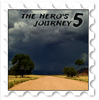 May 2017 Hero's Journey SWG challenge stamp - a broad dirt road with grassland and a few trees on either side against a stormy sky with a rainstorm in the distance