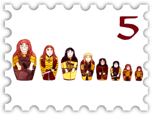 May 2017 Hero's Journey SWG challenge stamp - 8 matryoshka, featuring Nerdanel and her seven sons, with Nerdanel as the largest and Amrod or Amras as the smallest