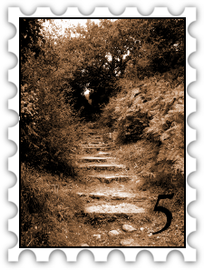 May 2017 Hero's Journey SWG challenge stamp - sepia photo of slightly overgrown garden steps leading upward to a tunnel-like path