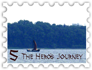 May 2017 Hero's Journey SWG challenge stamp - a small sailboat on a lake or bay with a forest in the background