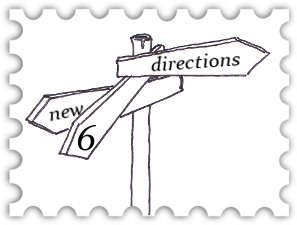 June 2018 New Directions SWG Challenge Stamp - black ink illustration of a traditional crossroads road sign pointing toward three possible destinations