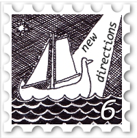 June 2018 New Directions SWG Challenge Stamp - woodcut or print style illustration of a swan ship at sea, illuminated by a beam of light