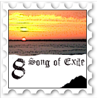 August 2017 Song of Exile SWG challenge stamp - Top half: filtered photo of a sunset at sea; Bottom half: white background with a dark shape rising in the lower right corner