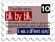 October 2019 Start To Finish SWG challenge stamp - Text "I had the story bit by bit, from various people, and, as generally happens in such cases, each time it was a different story. -Edith Wharton"