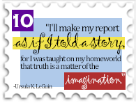 October 2019 Start To Finish SWG challenge stamp - Text "I'll make my report as if I told a story, for I was taught on my homeworld that truth is a matter of the imagination. - Ursula K. LeGuin"