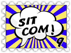 September 2018 Sitcom SWG challenge stamp - Comics-style speech bubble reading "Sitcom!" with a background of yellow and blue stripes radiating behind it