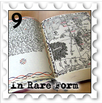 September 2019 In Rare Form SWG challenge stamp - Hand lettered and illustrated book, with text and embellishment on the verso and a map on the recto