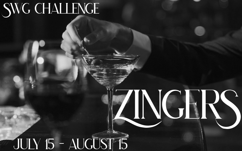 Zingers challenge banner - a black and white photo of a hand holding the toothpick with olive of a classic martini at a bar; the person holding the toothpick is wearing a well-tailored suit.