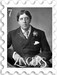 July 2022 Zingers SWG challenge stamp - a black and white photo of Oscar Wilde looking directly at the camera; he wears a double-breasted suit with a flower in his lapel