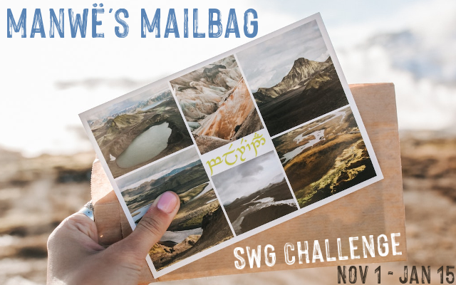 Manwë's Mailbag challenge banner - A person's left hand holds a picture postcard in front of a landscape and bright sky; the postcard label reads 'Beleriand' in tengwar