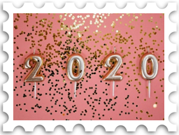 January 2023 Jubilee SWG challenge stamp - postage stamp with a color photo of the number 2020 in gold candles against pink background with gold confetti