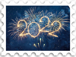 January 2023 Jubilee SWG challenge stamp - postage stamp with a color photo of the number 2022 in gold sparklers against a dark background