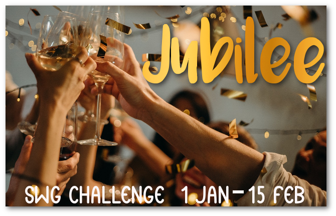 Jubilee challenge banner - Many hands holding up glasses to toast amid golden confetti, and text "Jubilee SWG Challenge 1 Jan - 15 Feb"