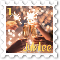 January 2023 Jubilee SWG challenge stamp - postage stamp with a color photo of a champagne toast against a background of sparklers, text "Jubilee" and number 1.