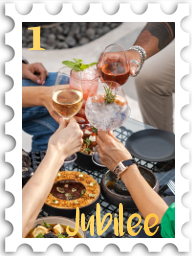 January 2023 Jubilee SWG challenge stamp - postage stamp with a color photo of a group toasting at a picnic, text "Jubilee" and number 1.