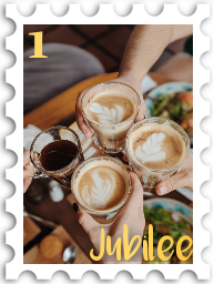 January 2023 Jubilee SWG challenge stamp - postage stamp with a color photo of a group toasting hot beverages over a table with food, text "Jubilee" and number 1.