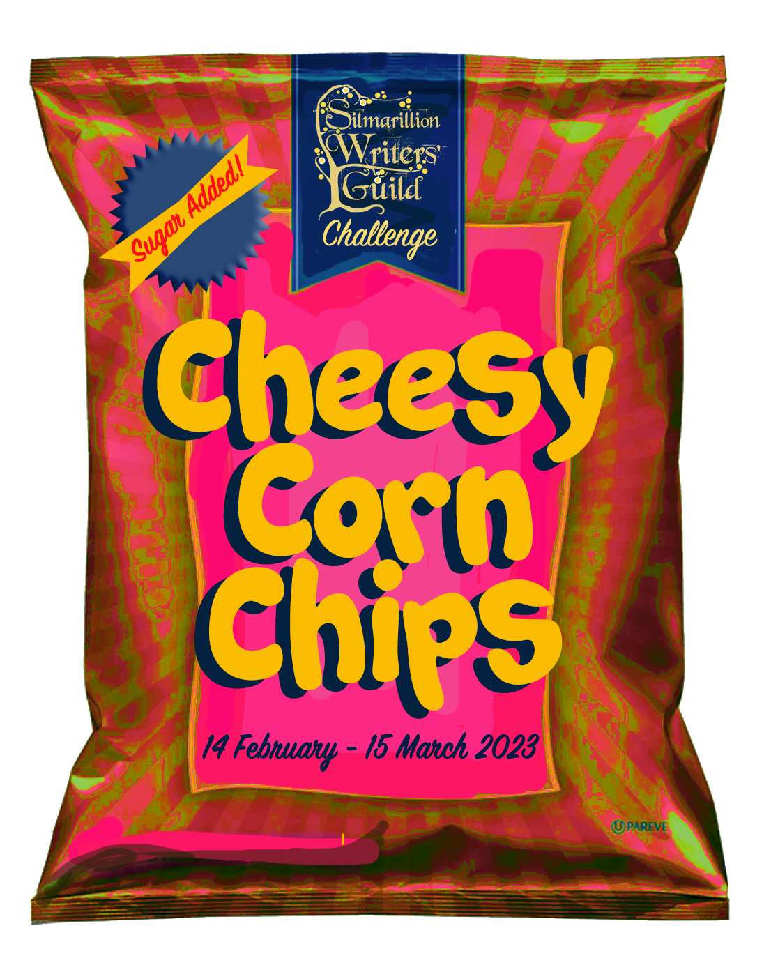 Banner is a bag of chips that reads, "Sugar Added! Silmarillion Writers' Guild Challenge Cheesy Corn Chips, 14 February - 15 March 2023"