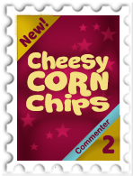 Stamp looks like a chips bag that reads, "Cheesy Corn Chips Commenter"