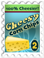 Stamp looks like a chips bag that reads, "100% Cheesier! Cheesy Corn Chips," with a wedge of yellow cheese