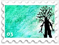 March 2023 Middle-earth Is Multitudes SWG challenge stamp - postage stamp with a silhouette of an Ent against a blue-green watercolor background