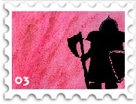 March 2023 Middle-earth Is Multitudes SWG challenge stamp - postage stamp with a Dwarf in armor holding a battle-axe silhouetted against a pink-red watercolor background