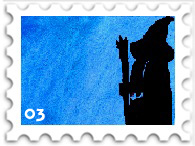 March 2023 Middle-earth Is Multitudes SWG challenge stamp - postage stamp with a silhouette of a Wizard against a bright blue  watercolor background