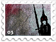 March 2023 Middle-earth Is Multitudes SWG challenge stamp - postage stamp with a silhouette of a Ringwraith raising a sword against a watercolor background of reds and greys