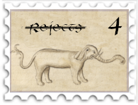 April 2023 Rejects SWG challenge stamp - a medeival illustration of an elephant with the text 'Rejects' struck out above it and the number 4 in the upper right corner