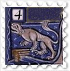 April 2023 Rejects SWG challenge stamp - a richly colored medeival illustration of an indeterminate creature on a blue background and the number 4 in the upper left corner