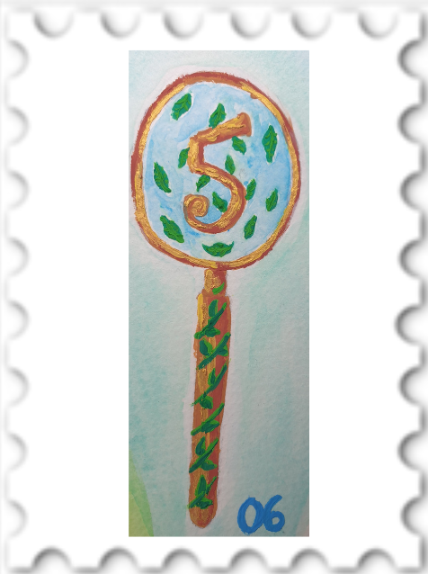 June 2023 Secret Gate SWG challenge stamp - a painting of a gold magnify glass garlanded with leaves, showing a golden number 5 surrounded by green leaves