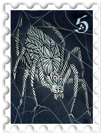 May 2023 Bestiary of Arda SWG challenge stamp - painting of a stylized spider in a web, pale blue and white against a dark blue-grey background, with the number 5 in the upper right corner