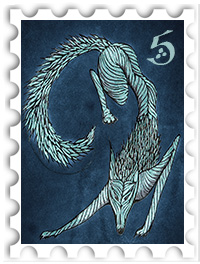 May 2023 Bestiary of Arda SWG challenge stamp - a painting of a stylized wolf in pale blue and white against a dark blue background, with the number 5 in the upper right corner