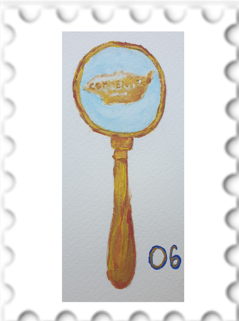 June 2023 Secret Gate SWG challenge stamp - a painting of a gold magnify glass, showing a golden award labeled 'Commenter'