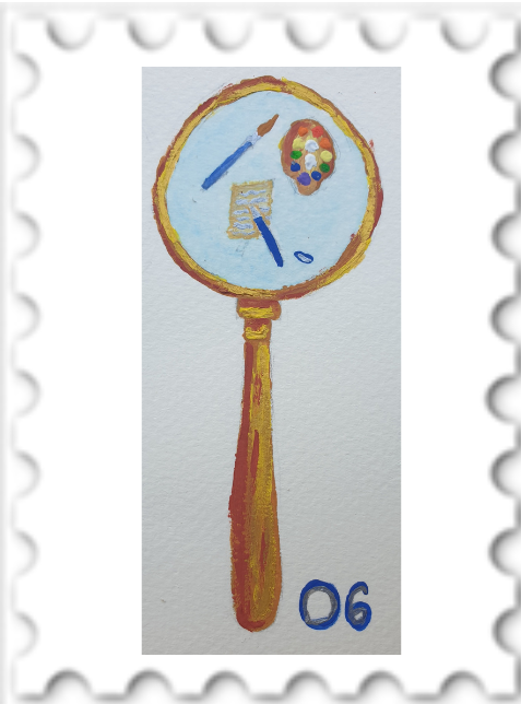June 2023 Secret Gate SWG challenge stamp - a painting of a gold magnify glass, showing pen & paper and paintbrush & palette.