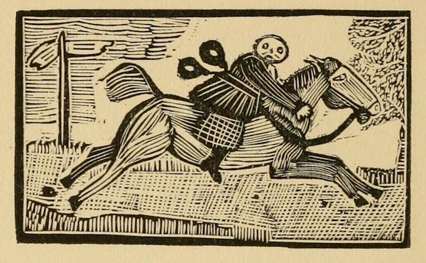 woodcut of galloping horse carrying a distressed rider