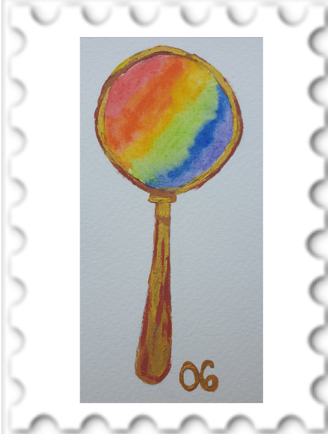 June 2023 Secret Gate SWG challenge stamp - a painting of a gold magnify glass, showing a rainbow