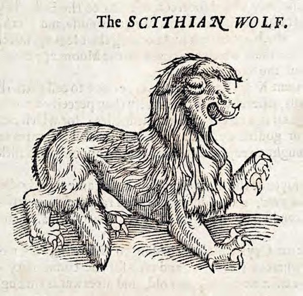 label identifies it as a Scythian wolf; it has a lion-like head and claws on a wolf's body