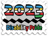 July 2023 Dip the Ladle reads 2023 Disability Pride in colors of the disability pride flag with a zigzag in the middle
