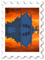 July 2023 Dip the Ladle challenge stamp - blue building reflected in a pool with a sunset in the background