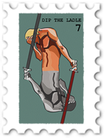 July 2023 Dip the Ladle SWG challenge stamp - a blond hero holds a sword over his shoulder, reflected below in grayscale