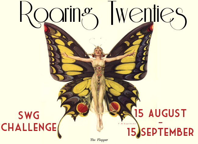 SWG Roaring Twenties challenge banner - illustration of a flapper with butterfly wings from the February 2 1922 cover of Life magazine , with text 'Roaring Twenties SWG Challenge August 15 - September 15'