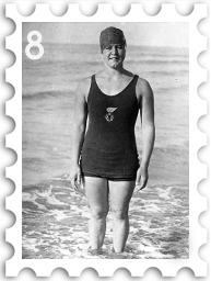 August 2023 Roaring Twenties SWG challenge stamp - a black and white photo of Gertrude Ederle in swimsuit and cap standing in water circa 1926, with the number 8 in the lower left corner