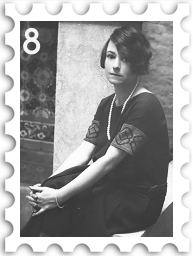 August 2023 Roaring Twenties SWG challenge stamp - a black and white photo of Dorothy Parker sitting in her backyard circa 1924, with the number 8 in the upper left corner