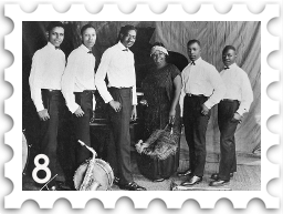 August 2023 Roaring Twenties SWG challenge stamp - a black and white photo of Ma Rainey and her band circa 1923, with the number 8 in the lower left corner