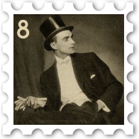 August 2023 Roaring Twenties SWG challenge stamp - a black and white photo of Conrad Veidt in a top hat and tails holding white gloves circa 1922, with the number 8 in the upper left corner